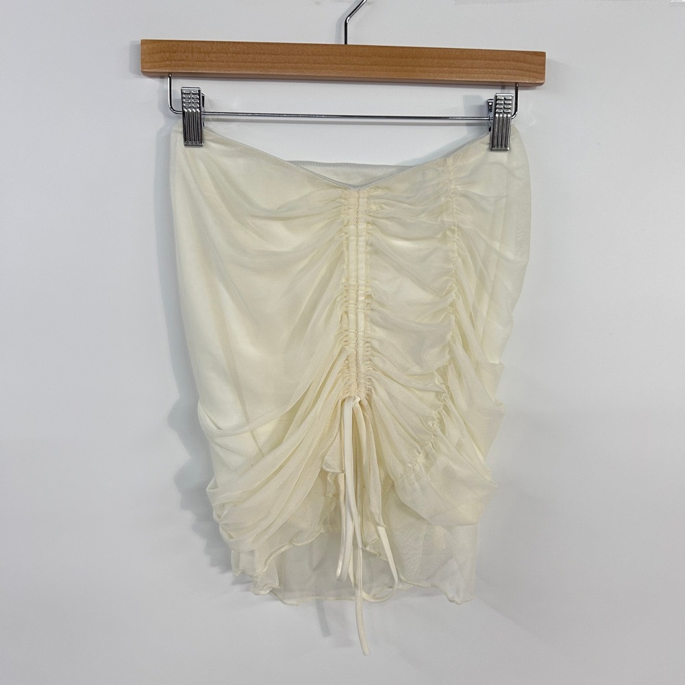 Fairy Coquette Ruched Mesh Mini Skirt Top M Ivory Drawstring Sheer Romantic Y2K